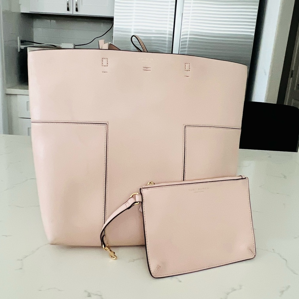 Tory Burch T Block Leather Tote with zipper pouch